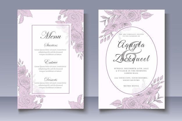 ベクトル 手描き花の結婚式の招待カードセット