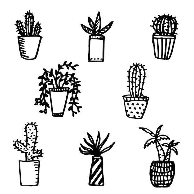 Vector hand drawing flower and plants pots doodle graphic elements