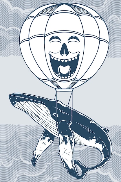 Ручной рисунок летающего колеса с воздушным шаром в океанской тематике