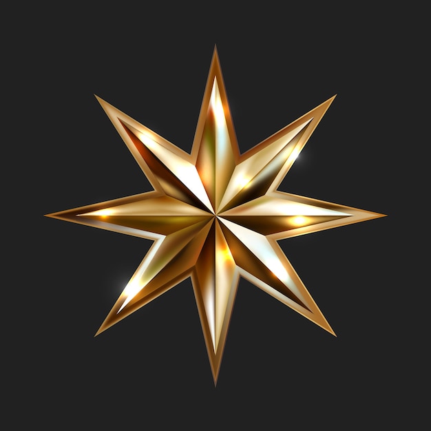 Вектор Ручной рисунок золотой звезды с восемью лучами элегантный элемент на черном фоне