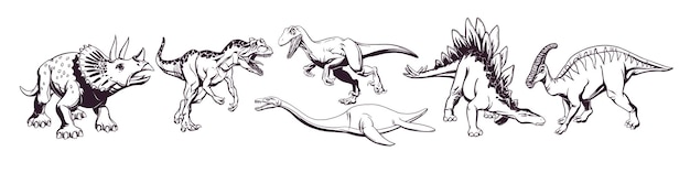 Hand drawing of a group of cute cartoon dinosaurs for printing on t-shirts, mugs, bags and designs. Vector illustration.