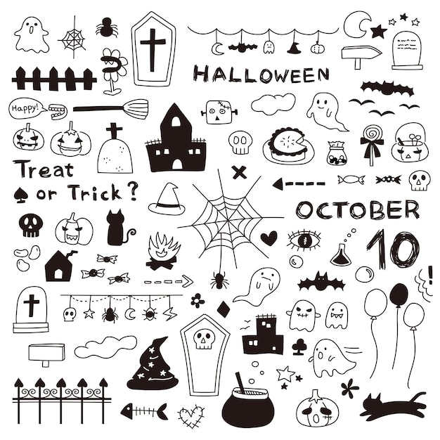 Vettore disegno a mano decorazioni di halloween forme di linea grafica decorazioni per festival per sito web o poster