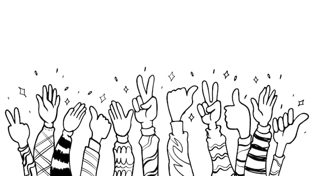 Hand drawing of hands up clapping ovation applause thumbs up and peace gesture on doodle handdrawn style vector illustration cartoon black white background