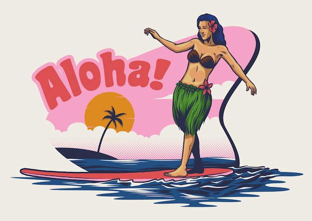 Vector hand drawing hawaiian girl surfing