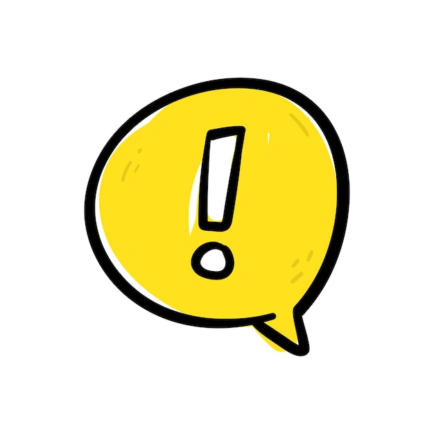 Рука рисунок предупреждающий знак внимания опасности или восклицательный символ в векторе значка желтого пузыря речи.