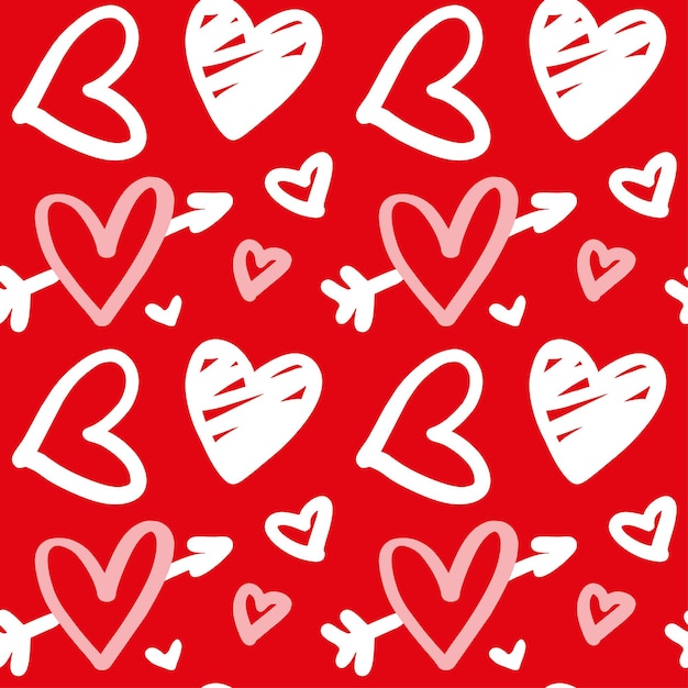 Hand drawing hearts on doodle style on red background. san valentines day. seamless pattern