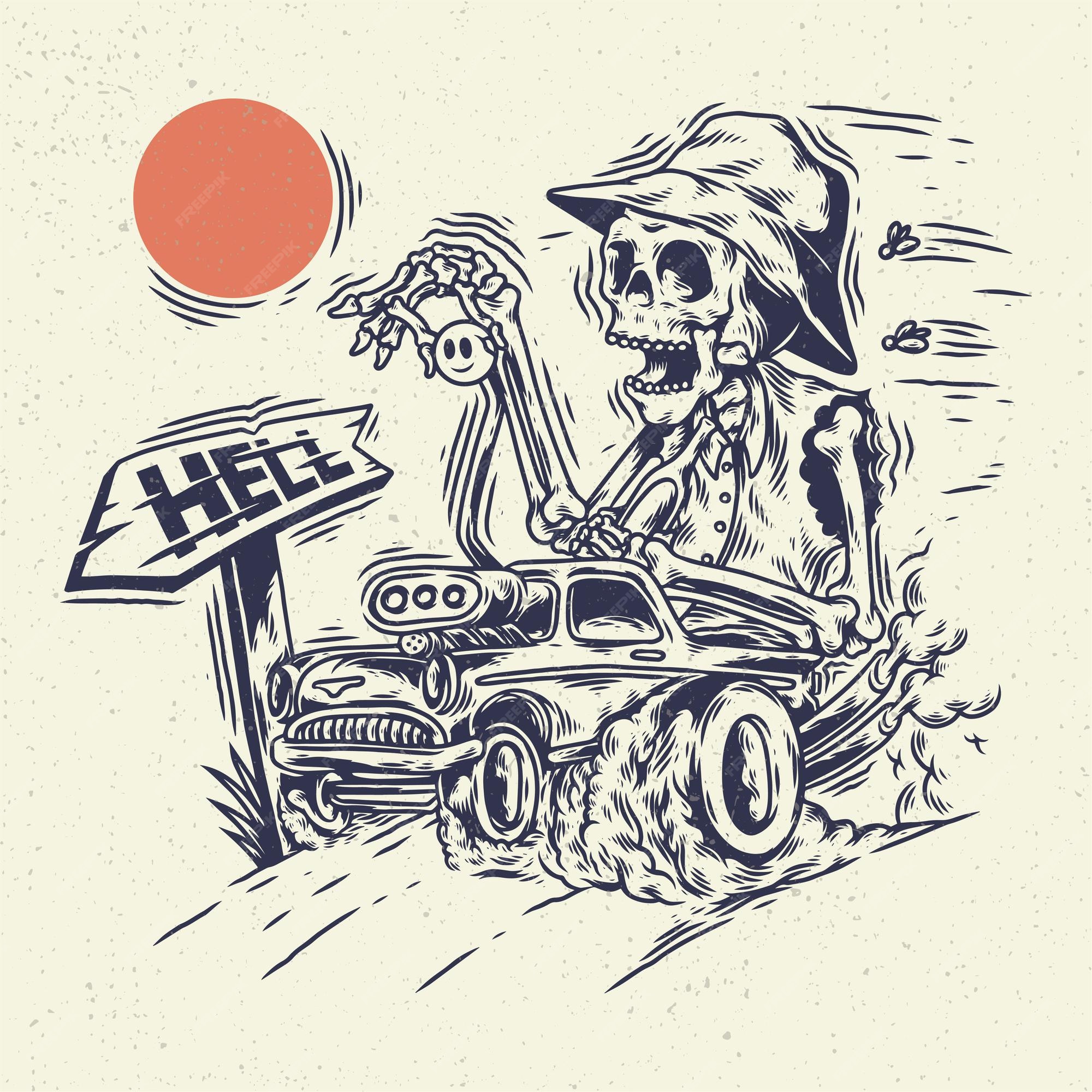 Premium Vector | Hand drawing illustration skeleton skull, the concept from  skeleton riding the hot rod car.