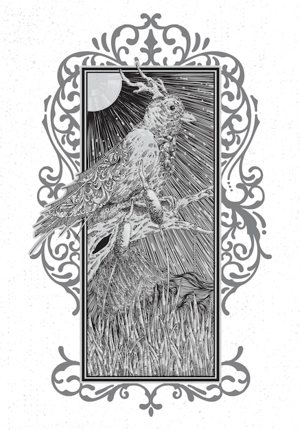 刻まれた線のスタイル、鳥と野生生物からの概念の手描きのイラスト