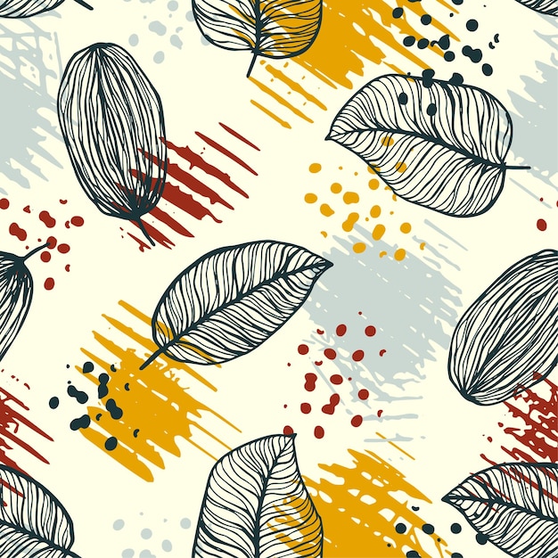 Hand drawing leaves seamless pattern with stylish abstract brush