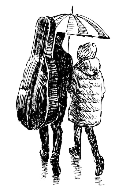 Hand drawing of little girl and musician parent carrying cello walking together under umbrella