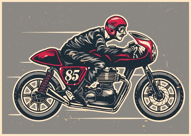 Disegno a mano uomo in sella a un cafe racer