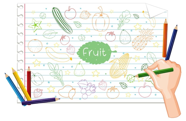 Mano che disegna molti frutti scarabocchio su carta