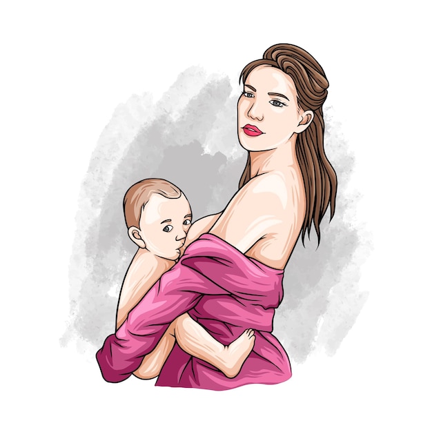 Hand drawing of mother breastfeeding her child in colorful style