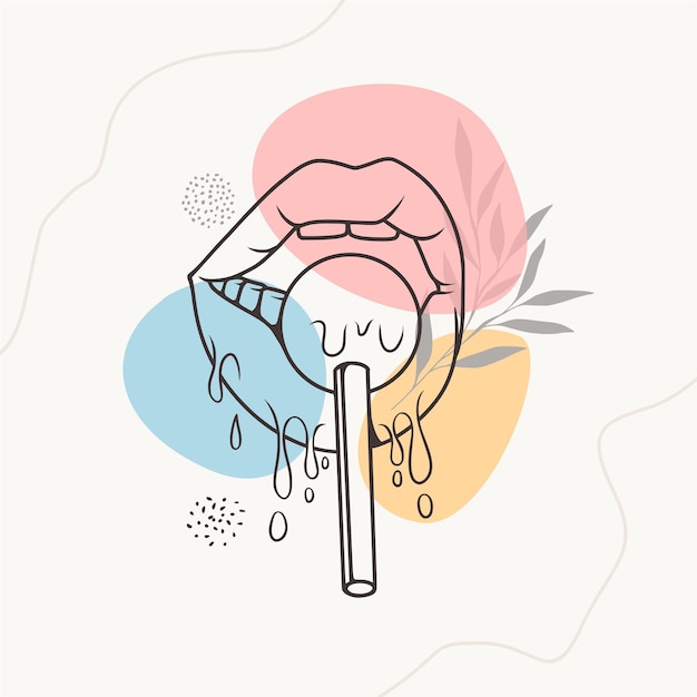 Hand drawing of mouth sucking candy using line art style