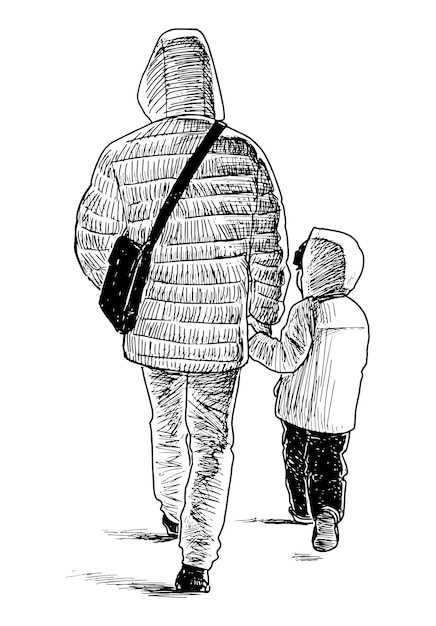 함께 야외에서 걷는 그의 아이와 아버지의 손 그리기