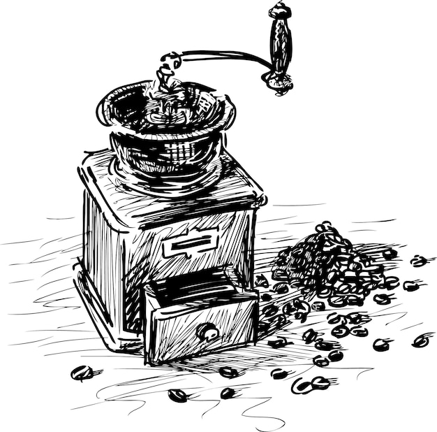 Hand drawing of old coffee grinder with coffee beans