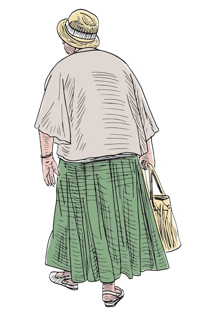 Hand drawing of old woman in hat with bag walking outdoors on summer day alone