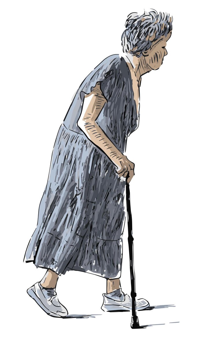 Vector hand drawing of old woman walking outdoors on summer day