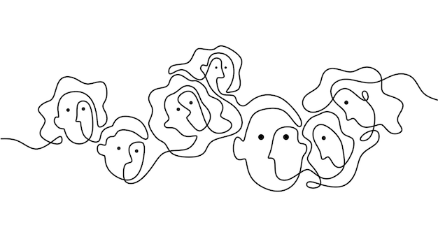 手描きの白い背景に分離された抽象的な顔グループの人々の 1 つの連続した単一行