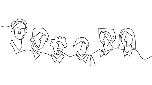 Вектор Ручной рисунок одной сплошной линии из шести групп людей, изолированных на белом фоне
