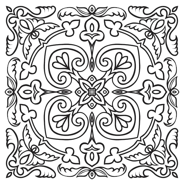 흑백 색상의 타일에 대한 핸드 드로잉 패턴 이탈리아 마졸리카 스타일
