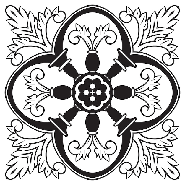 Hand drawing pattern for tile in black and white colors Italian majolica style