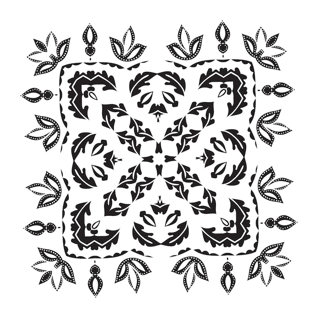 Hand drawing pattern for tile in black and white Floral square stencil