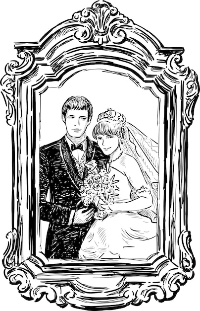 Hand drawing of portrait happy newlyweds in ornate frame in vintage style