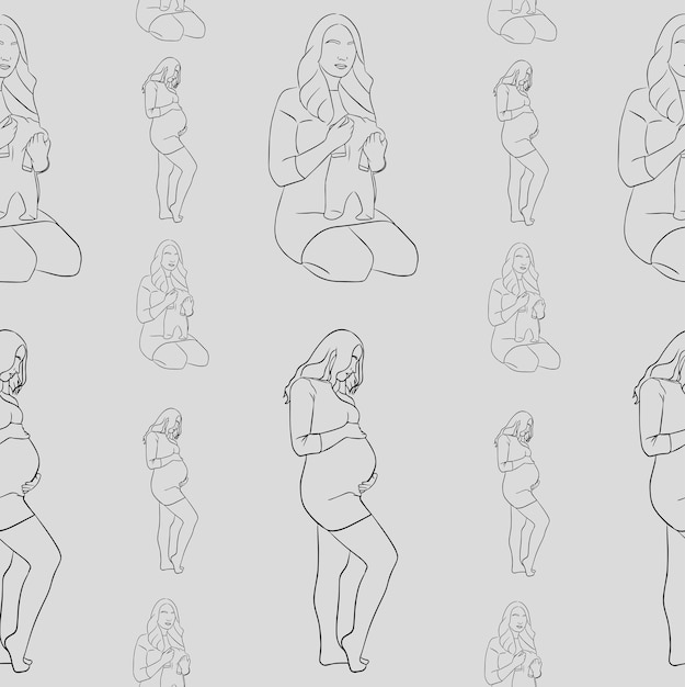 벡터 손 그리기 임신과 출산 완벽 한 패턴입니다. 임산부 실루엣입니다.