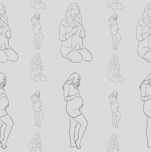 Hand drawing pregnancy and maternity seamless pattern. pregnant women silhouettes.