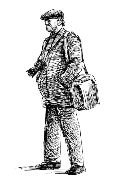 Hand drawing of professional photographer with camera standing and looking