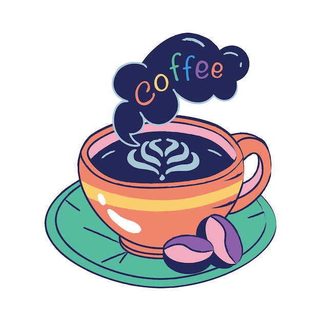 Disegno a mano tazza di caffè rotonda e caffè di iscrizione multicolore