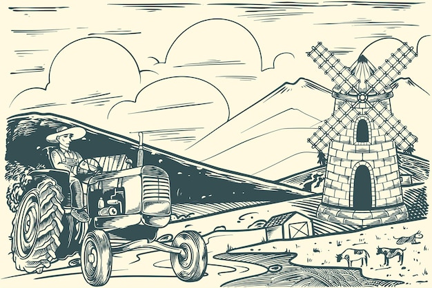 Hand drawing rural agriculture landscape with windmill and tractors in vintage scandinavian style