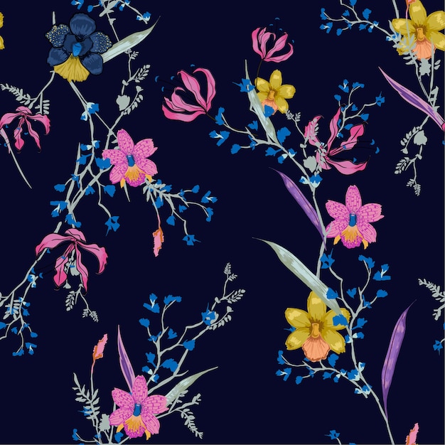 Hand drawing seamless pattern Blooming  florals vector