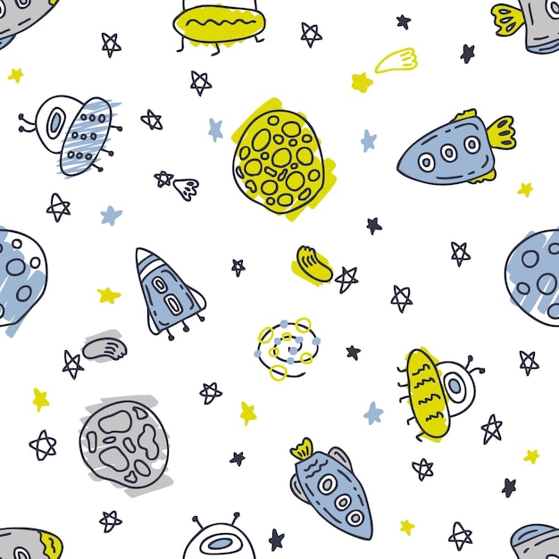 Vector hand drawing seamless pattern of rockets and planets in space perfect for tshirt textile and prints sketch style vector illustration for decor and design