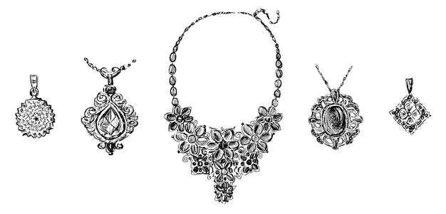 Hand drawing of set female jewelry pendants and necklace from precious metals and stones