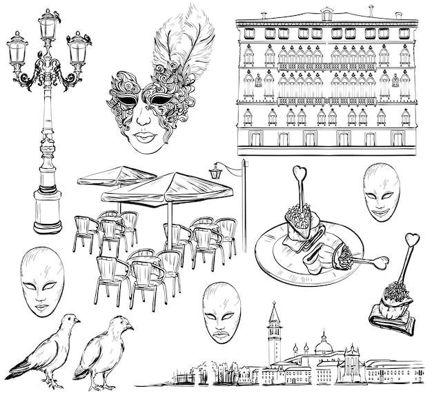 Hand drawing set of Venice sketch