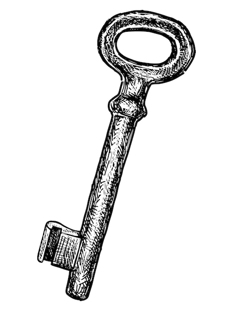 Vector hand drawing of single old metal key