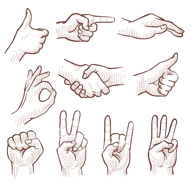 Vector hand drawing sketch man hands showing different gestures