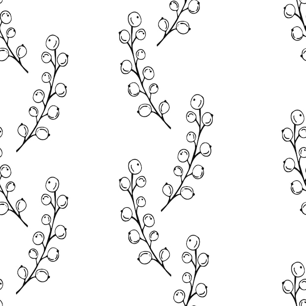 Hand drawing sketching seamless pattern with vector black branches with leaves and berries