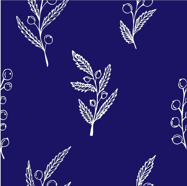 Hand drawing sketching seamless pattern with vector black branches with leaves and berries