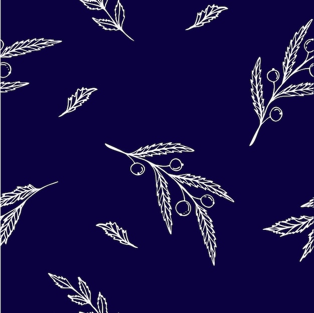 Hand drawing sketching seamless pattern with vector white branches with leaves and berries on the blue background