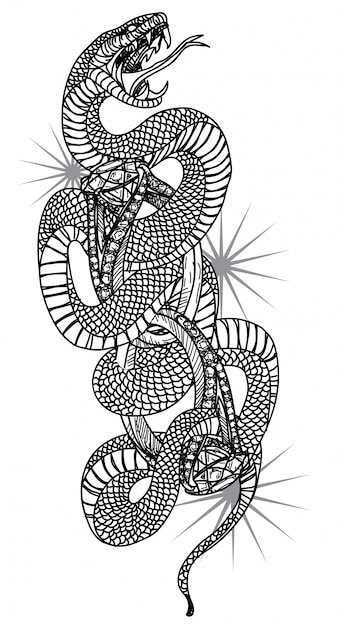 Вручите рисуя искусство татуировки змейки и кольца изолированное на белой предпосылке.