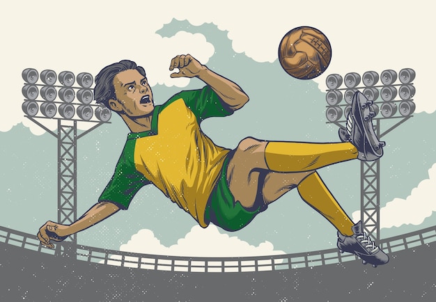 Vector hand drawing soccer player jumping king in retro style