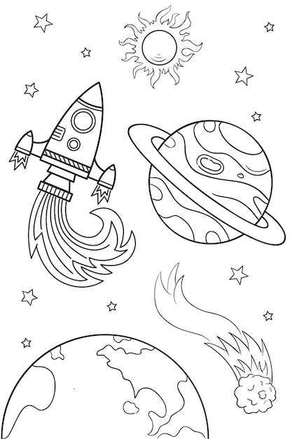 손 그리기 공간 그림 벡터입니다. 태양, 행성, 혜성, 로켓, 별.