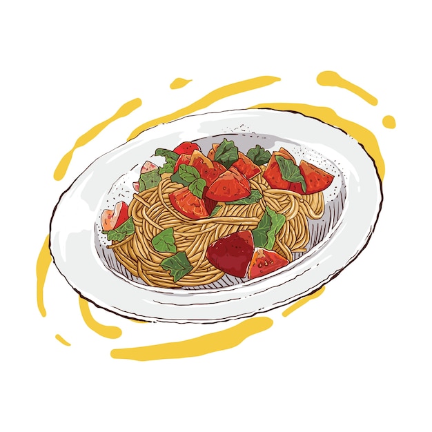 Vettore disegno a mano di spaghetti e condimento di verdure e carne
