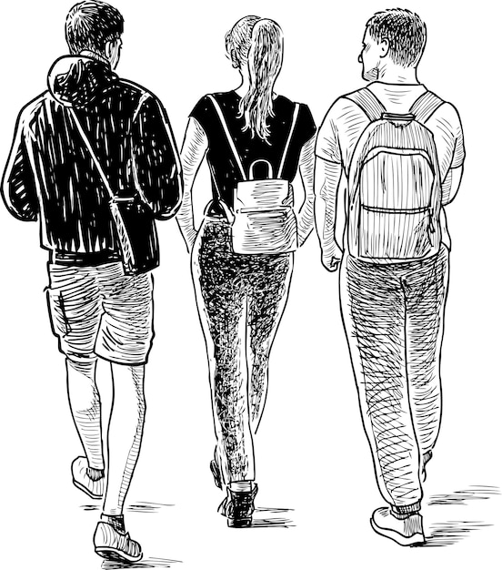 Hand drawing of the students friends going on a walk