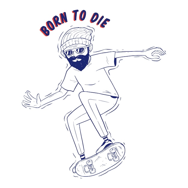 스케이트보드 위에서 점프하는 멋진 힙스터 스케이터의 손 그리기 스타일