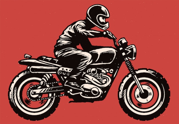 Mano disegno stile uomo in sella a una moto stile scrambler