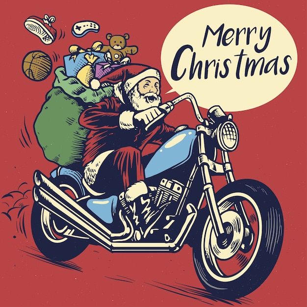 サンタクロースの手描きのスタイルは、クリスマスプレゼントを提供するためにバイクに乗る